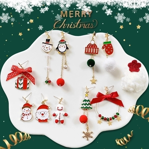 Weihnachtsohrringe Legierung Emaille Bommel Schleife Cartoon Asymmetrisch Geschenk Mit 925 Sterling Silber Ohrstecker