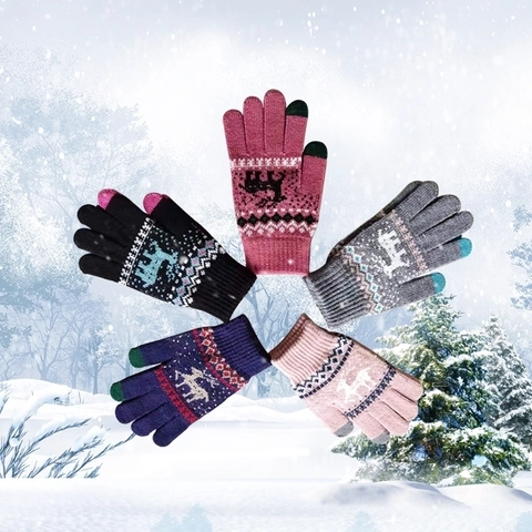 Winter Knit Gloves Touch Screen Warm Fleece Lined Nordic Reindeer Pattern Acrylic Cycling Outdoor Women