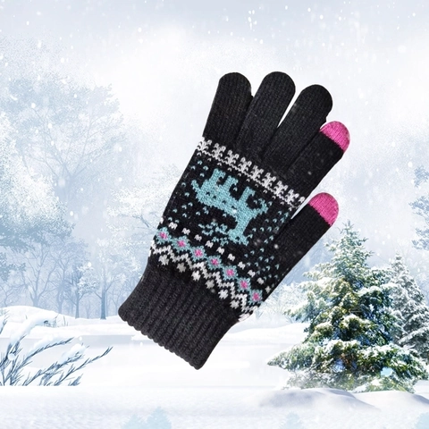 Winter Knit Gloves Touch Screen Warm Fleece Lined Nordic Reindeer Pattern Acrylic Cycling Outdoor Women