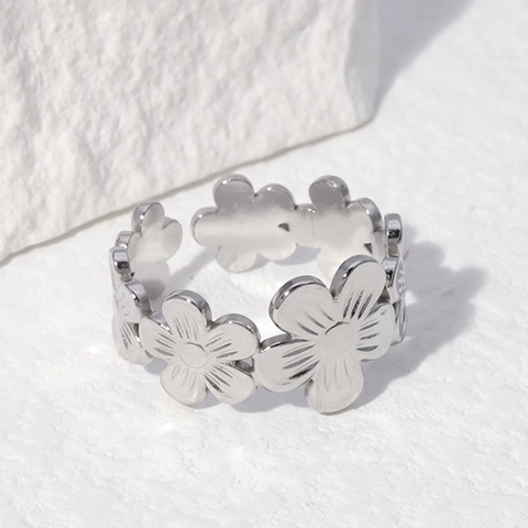 Anillo de Flor Abierto de Acero Inoxidable Banda Floral Ajustable para Mujer Joyería de Dedo Estética Minimalista Regalo Dulce