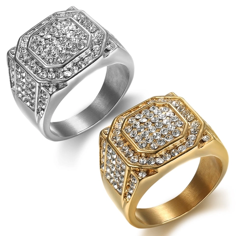 Hip Hop Men Iced Out Ring Octagonal Full Pave Cubic Zirconia Stainless Steel Gold Plated Bling Punk Nightclub Jewelry
