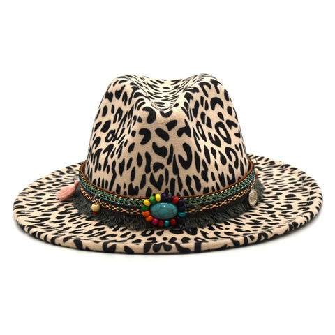 Cappello Fedora Leopardato Tesa Larga Feltro Di Lana Fascia Etnica Boho Turchese Nappa Jazz Unisex