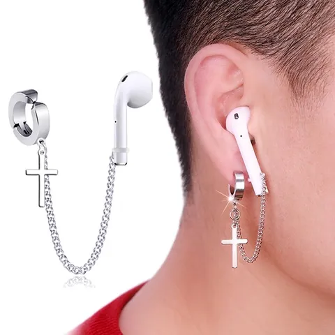 Orecchino Catena Anti-Smarrimento Acciaio Inossidabile Per Auricolari Wireless Ciondolo Croce Polsino Gioiello Punk Minimalista