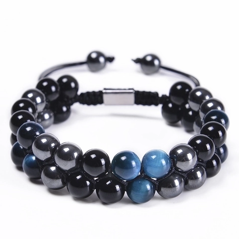 Natural Tigerauge Lagen Perlenarmband Verstellbares Geflochtenes Seil Schwarzachat Hämatit Heilstein Schmuck Herren