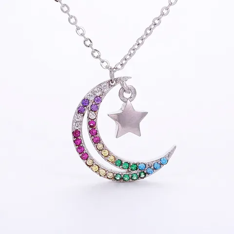 European American Copper Zirconia Moon Star Heart Cupid Arrow Pendant Necklace For Women Gold Silver Rainbow Rhinestone Jewelry