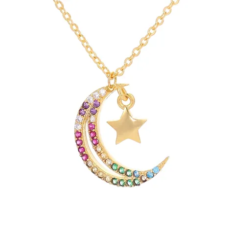 European American Copper Zirconia Moon Star Heart Cupid Arrow Pendant Necklace For Women Gold Silver Rainbow Rhinestone Jewelry