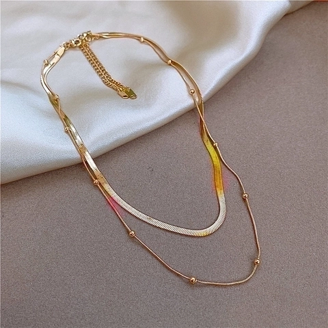 Layered Necklace Titanium Steel Snake Chain Bead Chain Minimalist Gold Plated Jewelry For Women Elegant Style