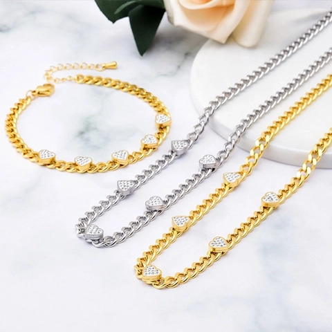 Heart Pendant Necklace Bracelet Titanium Steel Iced Out Rhinestone Pavé Cuban Curb Chain Fashion Jewelry For Women