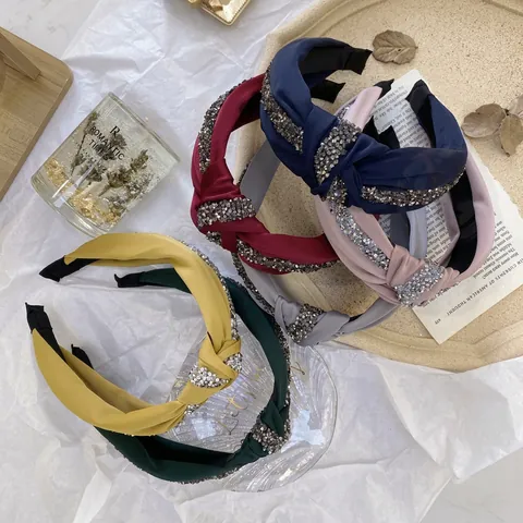 Knotted Wide Headband Satin Fabric Rhinestone Twisted Hair Hoop Elegant Fashion Headpiece Solid Color Accessory