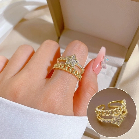 Doppelschichtiger Sternring Messing Zirkonia Vergoldet Offen Verstellbar Gliederkette Schmuck Für Damen