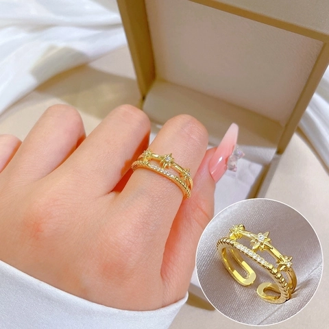 Double Layer Star Adjustable Open Ring Gold Plated Sparkling Zircon Elegant Jewelry For Women