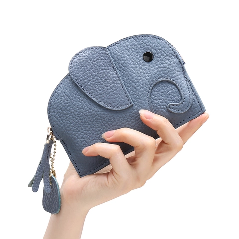 Elephant Coin Purse Genuine Leather Mini Animal Shape Key Case Wallet For Women Girls With Keychain Tassel Lychee Pattern