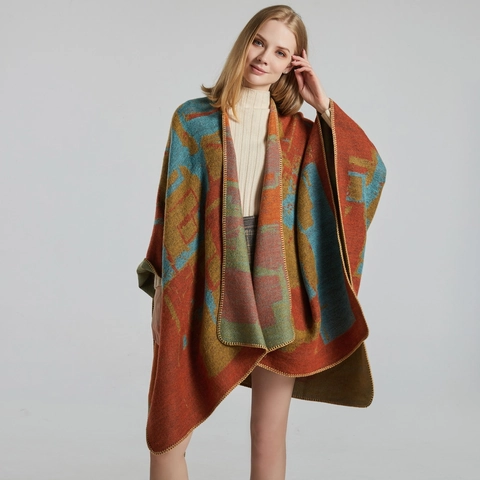 Dames Poncho Sjaal Cape Imitatie Kasjmier Open Voorkant Dik Warm Jacquard Geometrisch Bloemen Winter Wikkel Mantel
