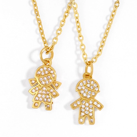 Collana Con Ciondolo Bambino E Bambina Cartone Animato Rame Placcato Oro 18K Con Zirconia Gioielli Hip Hop Per Coppie