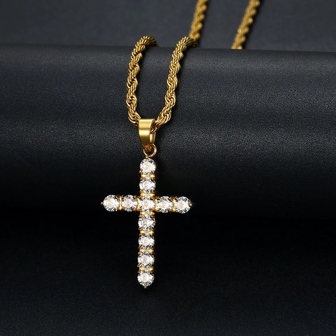 Collana Con Ciondolo A Croce Hip Hop Acciaio Inossidabile Placcato Oro Zirconia Cubica Gioielli Uomo Donna