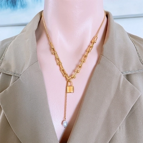 Collier À Maillons En U En Acier Inoxydable Avec Pendentif Serrure D'amour Et Gland De Künstliche Perle Style Coréen Élégant Pour Femmes Or