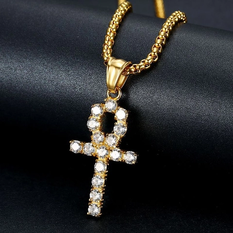 Hip Hop Roestvrijstalen Vergulde Ankh Kruis Hanger Ketting Strass Egyptische Sleutel van het Leven Sieraden Voor Heren Dames