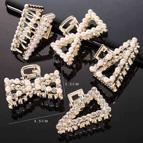 Hair Claw Clips Elegant Geometric Alloy Metal Hairpins With Faux Artificial Pearl Rhinestone For Women Party Daily Accessories
