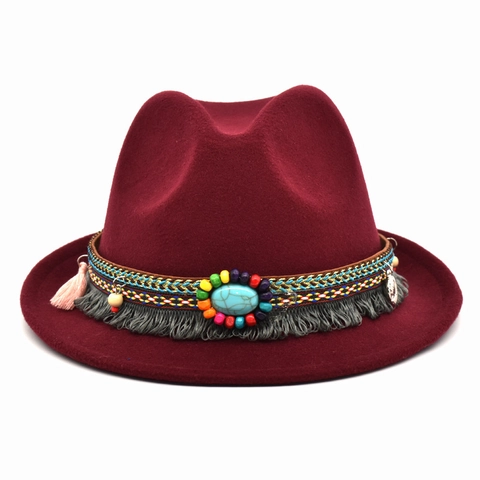 Chapeau Fedora En Laine Bohème Avec Ruban Ethnic Perlé Glands Turquoise Bord Large Style Jazz Pour Hommes Et Femmes