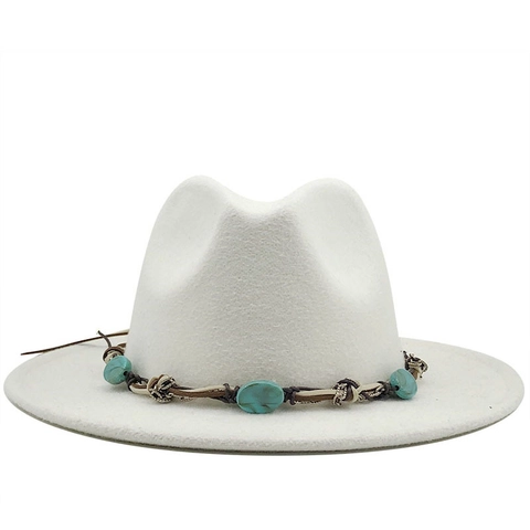 Women Wide Brim Fedora Hat Woolen Felt Bohemian Ethnic Woven Band Turquoise Decor Retro Jazz Cap