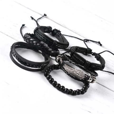 Bracciale da Uomo in Pelle Intrecciata Multistrato Vintage Con Ciondolo ad Ala in Lega Regolabile Stile Punk Gioielli Fatti a Mano