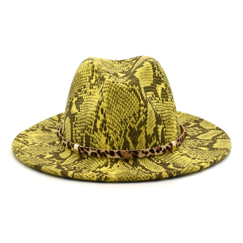 Snake Print Wide Brim Fedora Hat Woolen Felt With Leopard Band And Gold Metal Star Ornament Retro Jazz Style Unisex