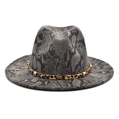 Snake Print Wide Brim Fedora Hat Woolen Felt With Leopard Band And Gold Metal Star Ornament Retro Jazz Style Unisex