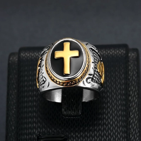 Heren Ring Titanium Roestvrij Staal Verguld Retro Hip Hop Punk Kruis Biddende Handen Reliëf Sieraden