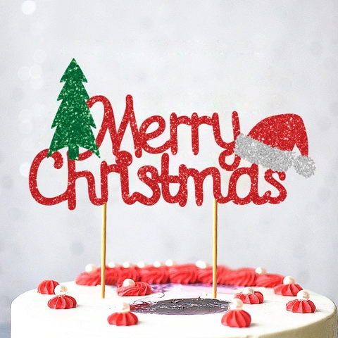 Merry Christmas Cake Topper Glitter Cardboard Xmas Tree Hat Reindeer Antler Party Decoration Supplies