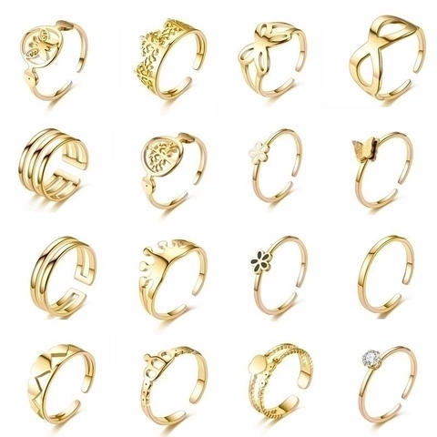 Minimalist Stainless Steel Open Adjustable Ring For Women Gold Plated Butterfly Heart Crown Tree Of Life Fashion Jewelry