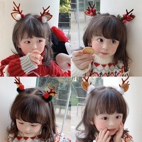 Christmas Antler Hair Clips Deer Horn Hairpins With Plush Ears Pom Poms Pinecones Kids Girls Holiday Party Hair Accessories