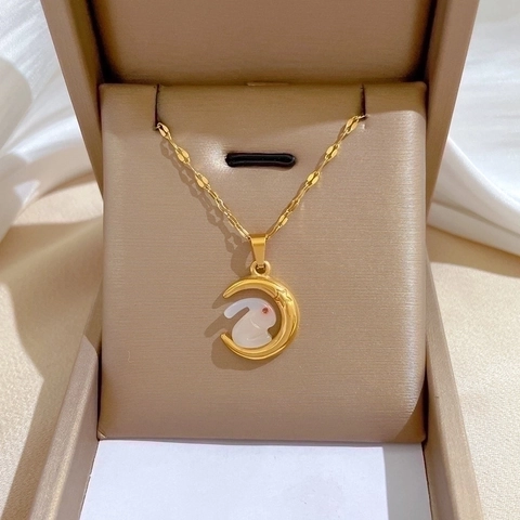 Crescent Moon Rabbit Pendant Necklace Titanium Steel Real Gold Plated Minimalist Star White Rabbit Clavicle Chain Jewelry