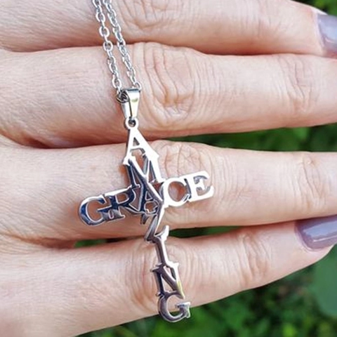 Collar Con Colgante De Cruz Amazing Grace Religioso De Acero Inoxidable Joyas Inspiradoras