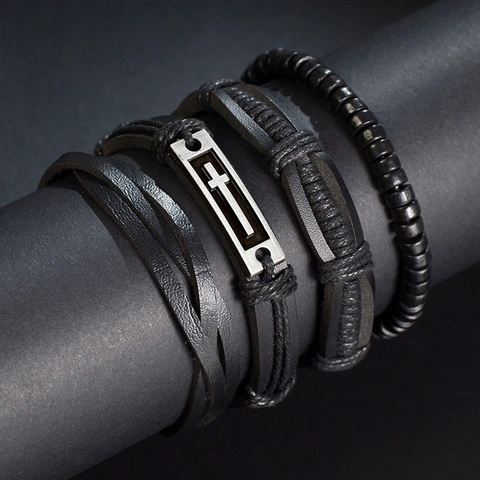 Bracciale in Pelle Intrecciata da Uomo Vintage Set Ciondolo a Croce in Lega Nero Multistrato Perline Punk Gioielli Regalo