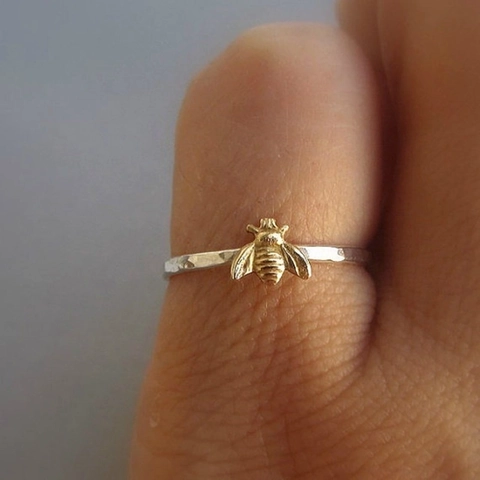 Two Tone Bee Ring Copper Hammered Texture Nature Inspired Dainty Jewelry For Women