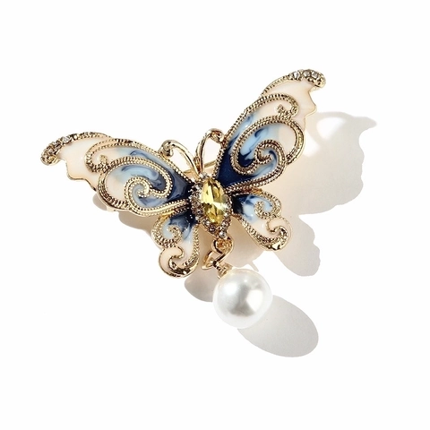 Elegant Butterfly Brooch Pin Alloy Enamel Inlay Rhinestone With Dangle Imitation Artificial Pearl Vintage Clothing Jewelry Accessories
