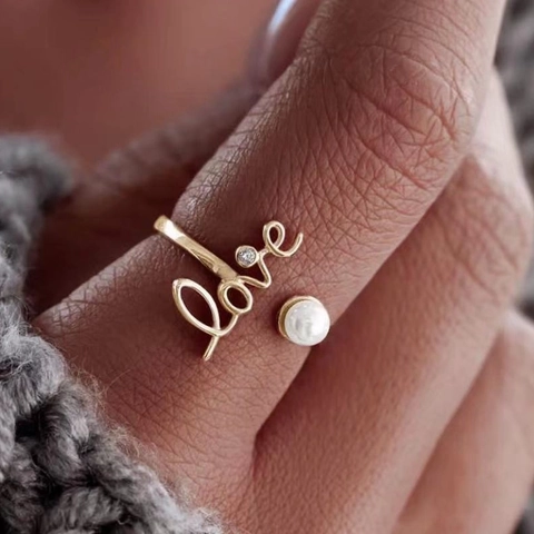 Anello Aperto Love con Zirconia e Perla Artificiale per Donna in Rame Placcato Oro Regolabile Anello alla Moda Regalo San Valentino