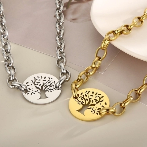 Lebensbaum Halskette Und Armband 304 Edelstahl Hohl Rund Anhänger Klobige Gliederkette Mode Damen Schmuck