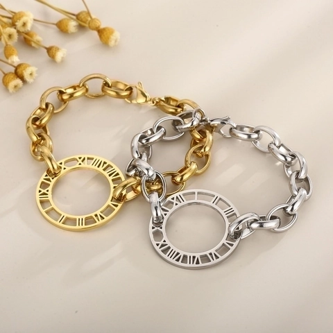 Stainless Steel Necklace And Bracelet For Women Featuring Roman Numeral Cut-out Round Pendant Thick Link Chain Hip Hop
