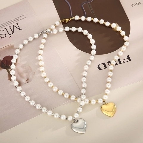 Collana E Bracciale In Acciaio Inossidabile Con Künstliche Perle D'imitazione E Ciondolo A Cuore Lucido Gioielli Da Donna