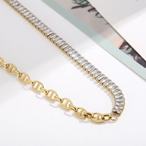 Edelstahl Halskette Und Armband Baguette Zirkon Halb Tennis Kette Schweinenase Glied Frauen Ins Mode Vergoldet