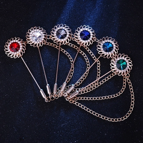 Sunflower Long Pin Brooch Alloy Rhinestone Gemstone With Chain Tassel For Suit Tuxedo Lapel Business Wedding Accessory