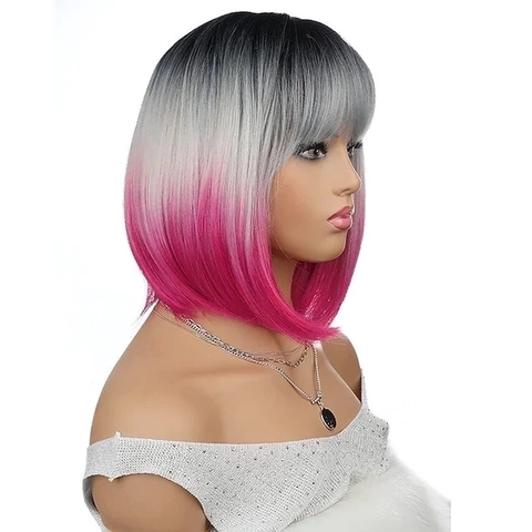 Short Bob Wig With Bangs Ombre Black Grey Pink Gradient Heat Resistant Synthetic Fiber For Women Daily Party Wear