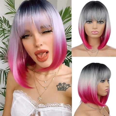 Short Bob Wig With Bangs Ombre Black Grey Pink Gradient Heat Resistant Synthetic Fiber For Women Daily Party Wear