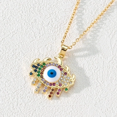 Evil Eye Pendant Necklace Copper 18K Gold Plated Cubic Zirconia Enamel Bohemian Ethnic Jewelry For Women