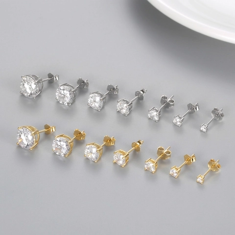 925 Sterling Silver Stud Earrings Round Brilliant Cut Zircon Four Prong Setting Classic Simple Elegant Jewelry For Women