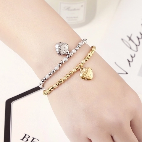 Stainless Steel Heart Pendant Elastic Bracelet Waterproof Frosted And Polished Beads Vintage Jewelry For Women Men