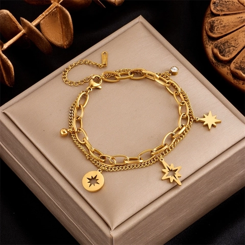 Mehrlagiges Edelstahlarmband Mit Sternanhängern Und Zirkon Damen Vintage Goldkette Schmuck