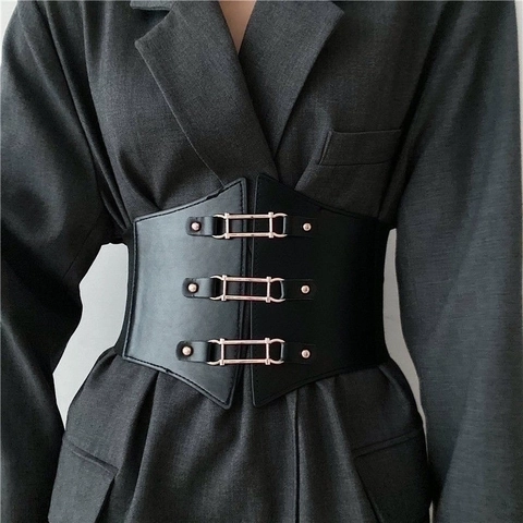 Women Wide Corset Belt PU Leather Elastic Waist Cincher Lace Up Retro Decorative Gothic Punk Fashion Accessories For Dress