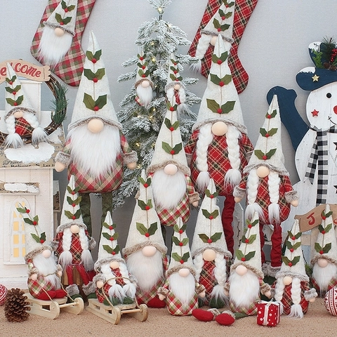 Christmas Gnome Plush Doll Faceless Santa Ornament With Retractable Legs And Plaid Fabric For Holiday Home Table Decor